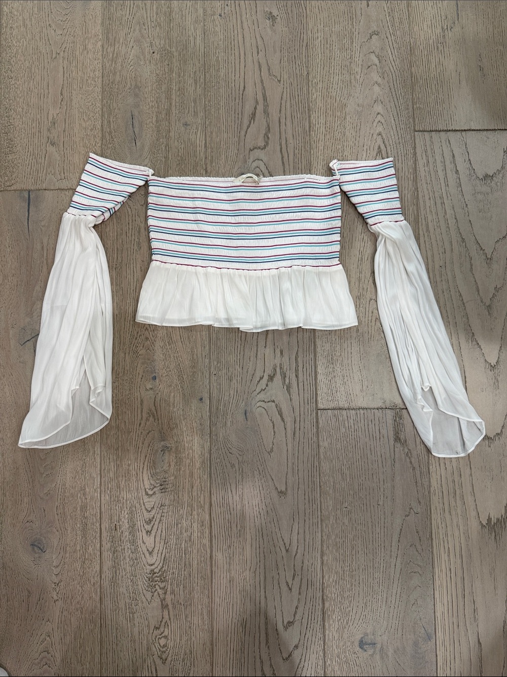 Ramy Brook Off-Shoulder Striped Peplum Crop Top in White with Multicolor Stripes
